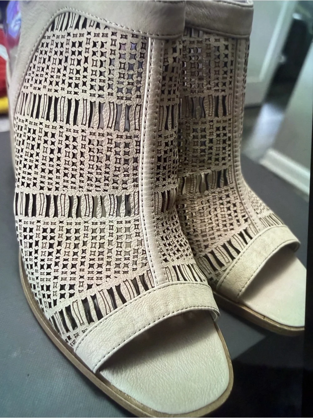 Vince Camuto Taupe Laser-Cut Peep-Toe Wedge Sandals
